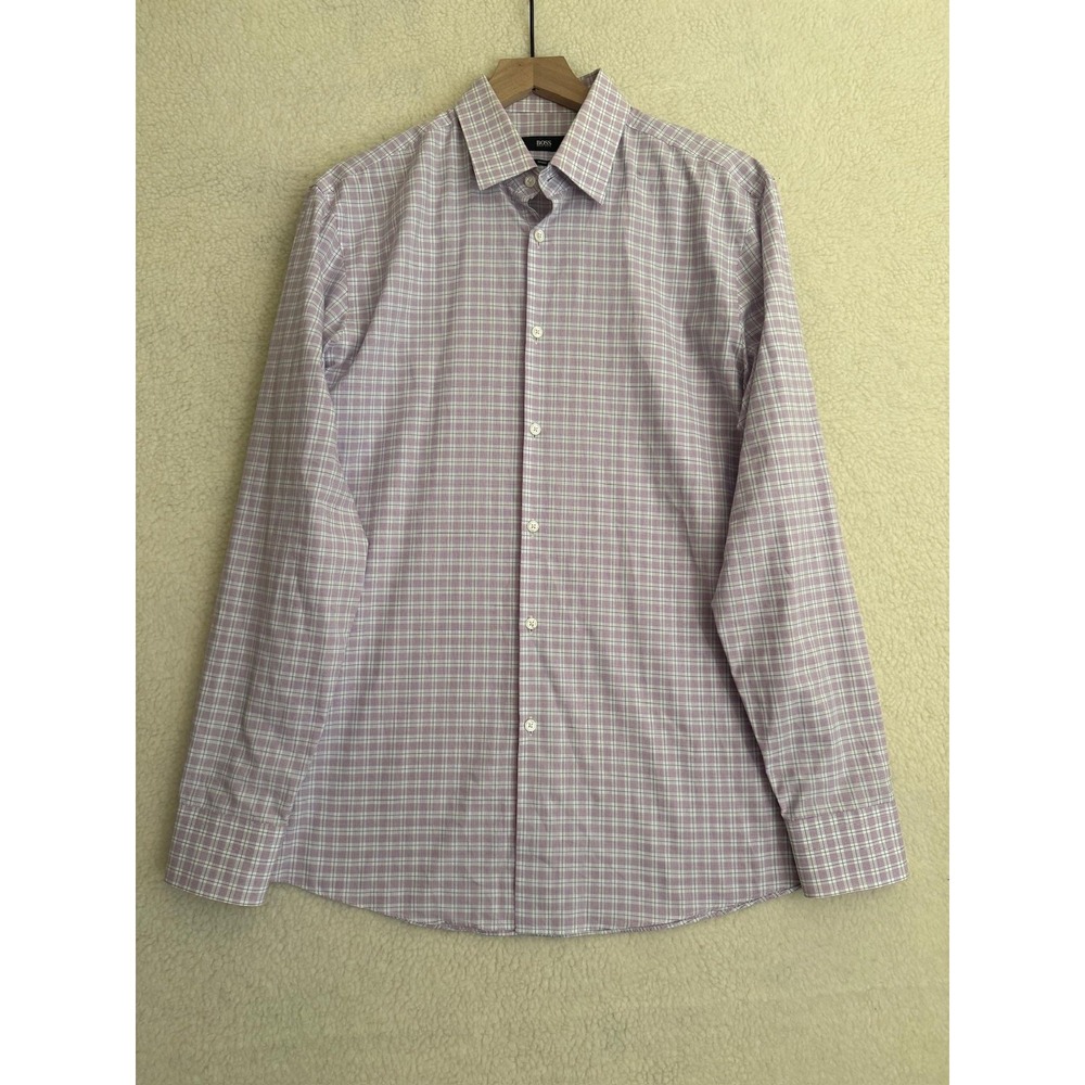 BOSS Hugo Boss Mens 16 34/35 Purple Check Sharp Fit Cotton Dress Shirt PAETON US